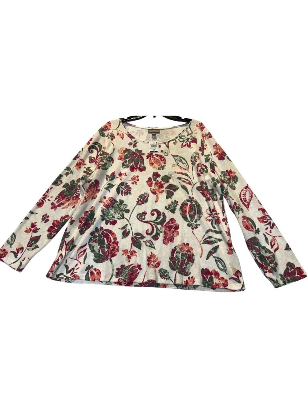 Style & Co Womens Plus Size 2X Floral Long Sleeve Top Bright White Combo